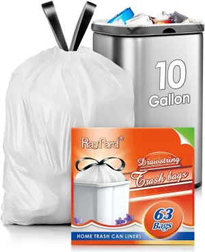 10 Gallon (fit 30-35 Liter) 63 Counts Drawstring Trash Bags By RayPard, Medium Large Kitchen Garbage Bags Trash Can Liners for Home, Office, Light Residential Waste Outdoor Lawn Bags, White