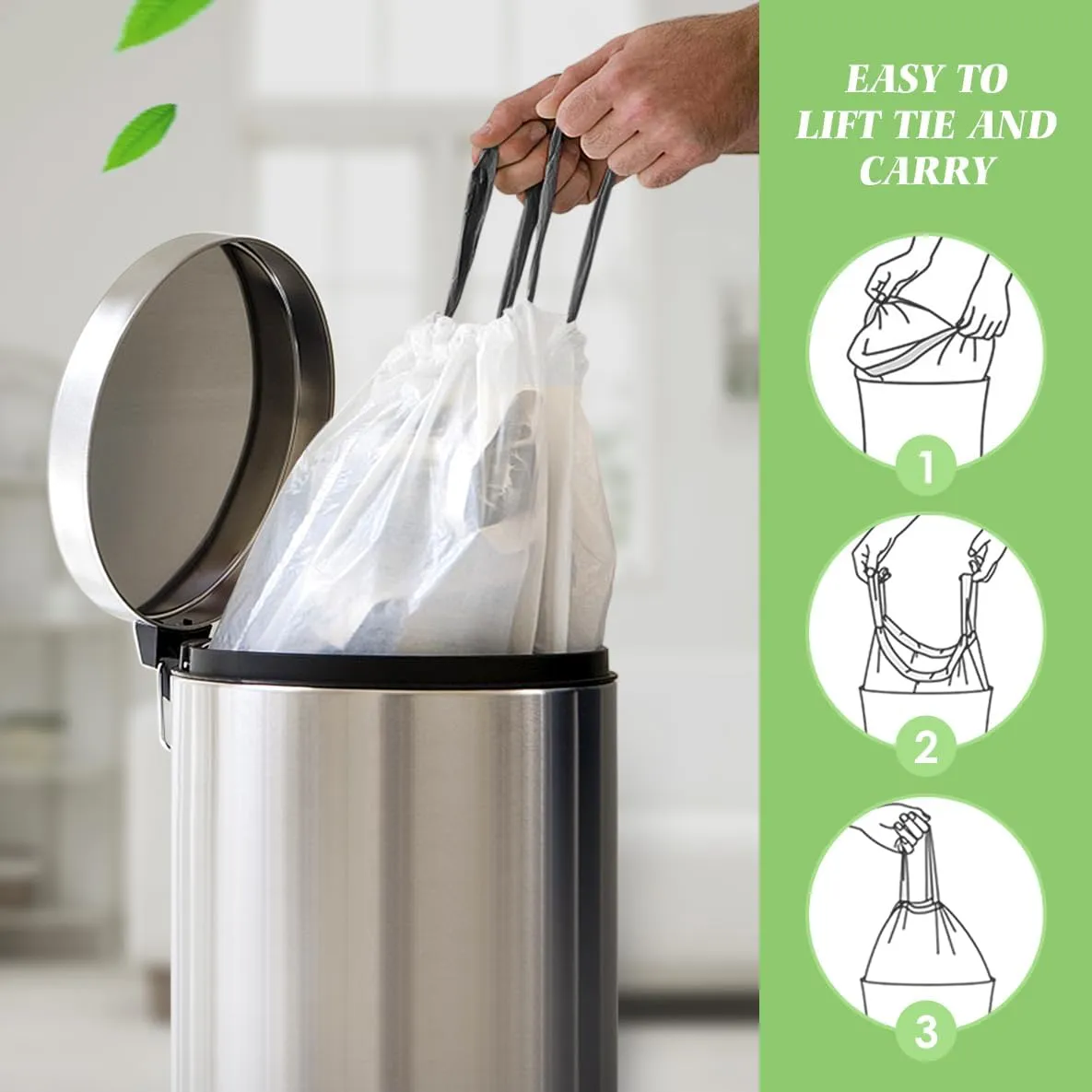 10 Gallon (fit 30-35 Liter) 63 Counts Drawstring Trash Bags By RayPard, Medium Large Kitchen Garbage Bags Trash Can Liners for Home, Office, Light Residential Waste Outdoor Lawn Bags, White