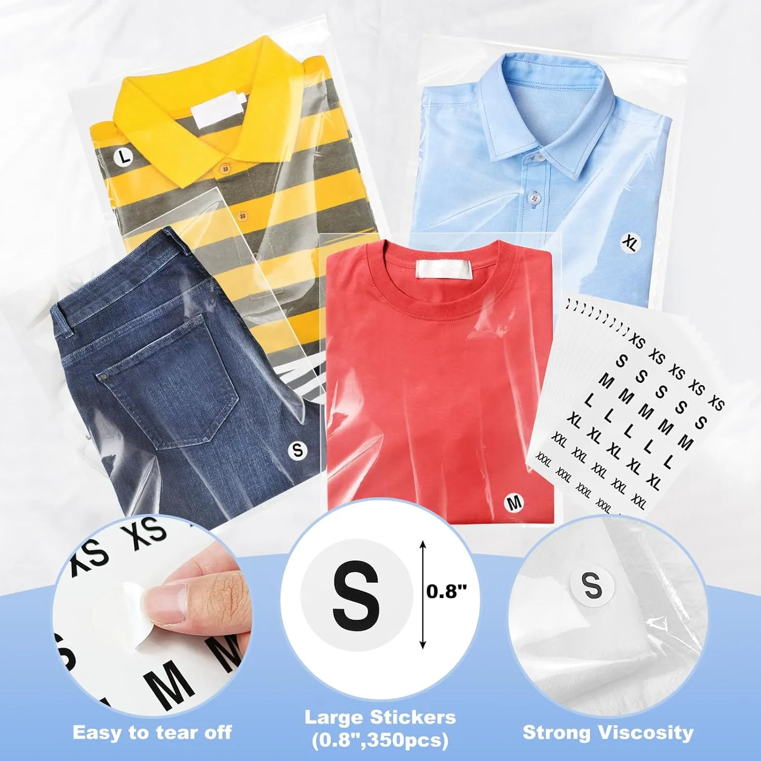 100 Count T Shirt Bags, Cellophane Bags Clear Poly Bags Plastic Bags For Packing Clothing Self Sealing Bag With10 Pcs Size Stickers (12 * 16)