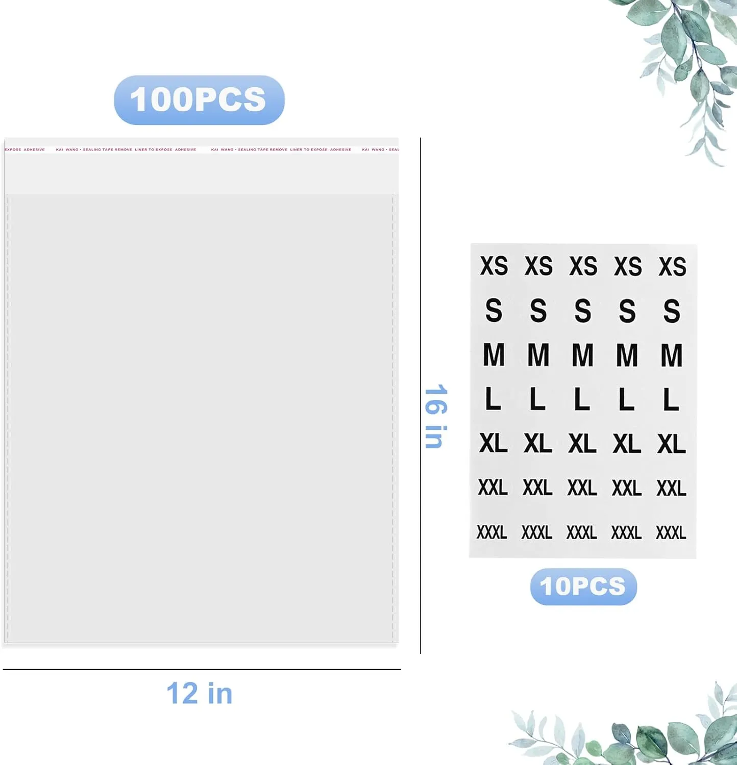 100 Count T Shirt Bags, Cellophane Bags Clear Poly Bags Plastic Bags For Packing Clothing Self Sealing Bag With10 Pcs Size Stickers (12 * 16)