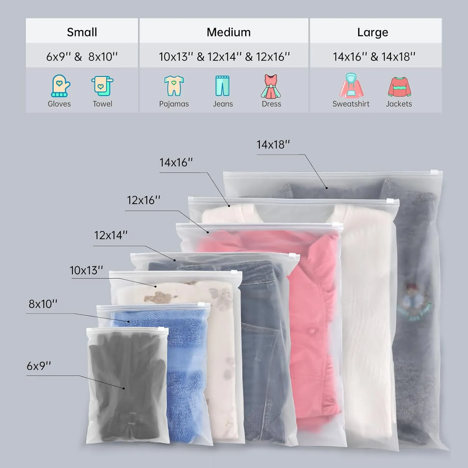 100pcs Clothing Packaging Bags for Shipping - 10x13 Inch Plastic Frosted Bags for Travel Storage or Small Businesses- Zipper Apparel Bag for Shirts, Socks, Underwear, and Documents -No Vent Holes