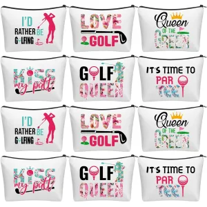 12 Pcs Golf Gifts for Women Female Cosmetic Bags Golfer Makeup Bag Canvas Toiletry Pouch with Zipper Accessories for Women Ladies Golf Lover Player Fans Birthday Gifts