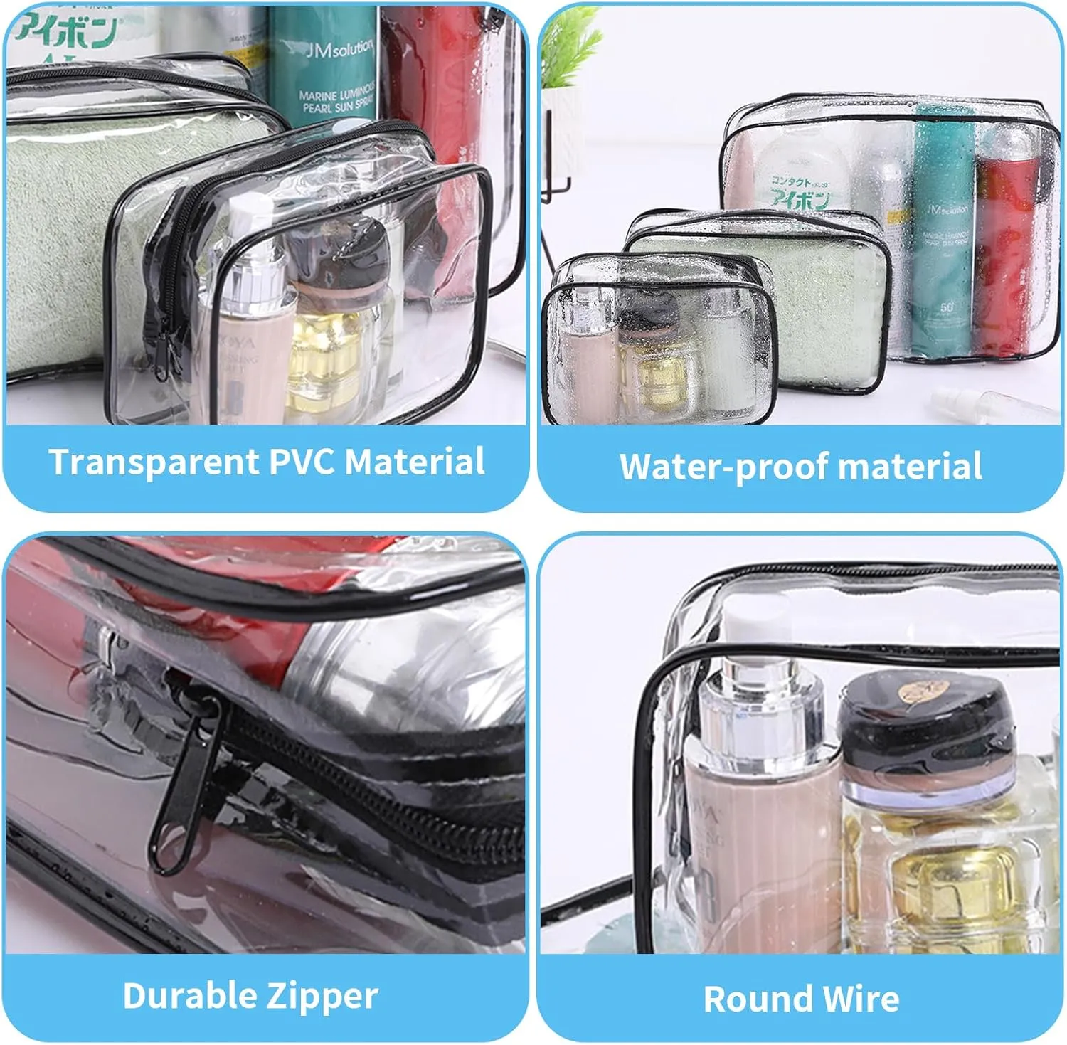 16 Pcs Clear Cosmetics Bag Bulk Clear Makeup Bag Bulk Toiletry Bag for Travel, PVC Zippered Pouch Cosmetic Makeup Bag Plastic Organizer Case for Vacation Bathroom Travel & Daily Use(Black L)