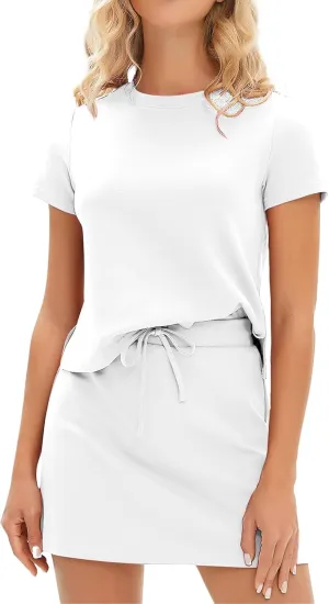 2 Piece Sets for Women Going Out Short Sleeve Crewneck Tshirt Set Drawstring Tennis Skort Set Matching Sweatsuits
