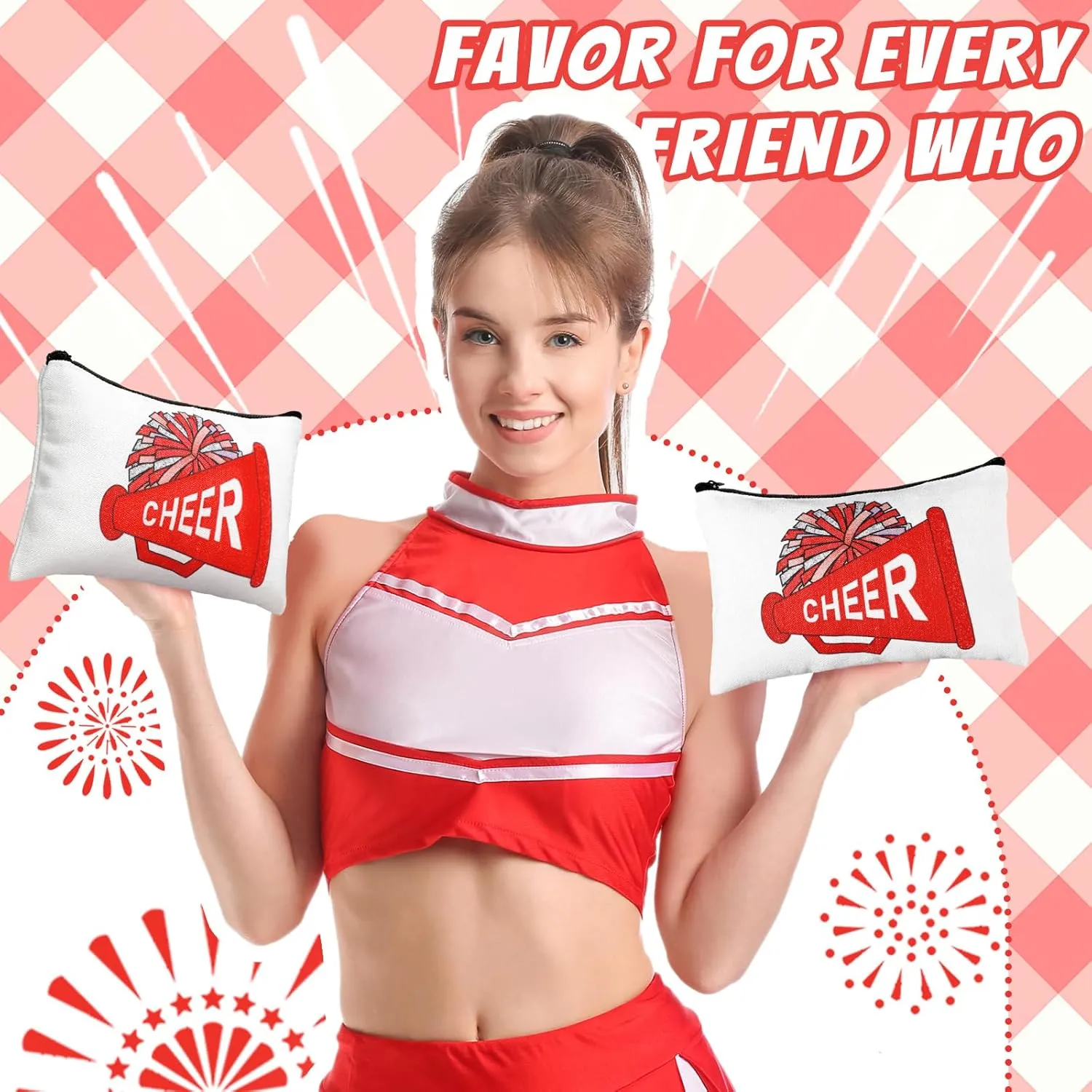20 Pcs Cheer Makeup Bag Cheer Teams Gifts Canvas Makeup Case Cheerleader Teams Gifts Zipper Pouch for cheerleading Teammates Party Supplies(Red)