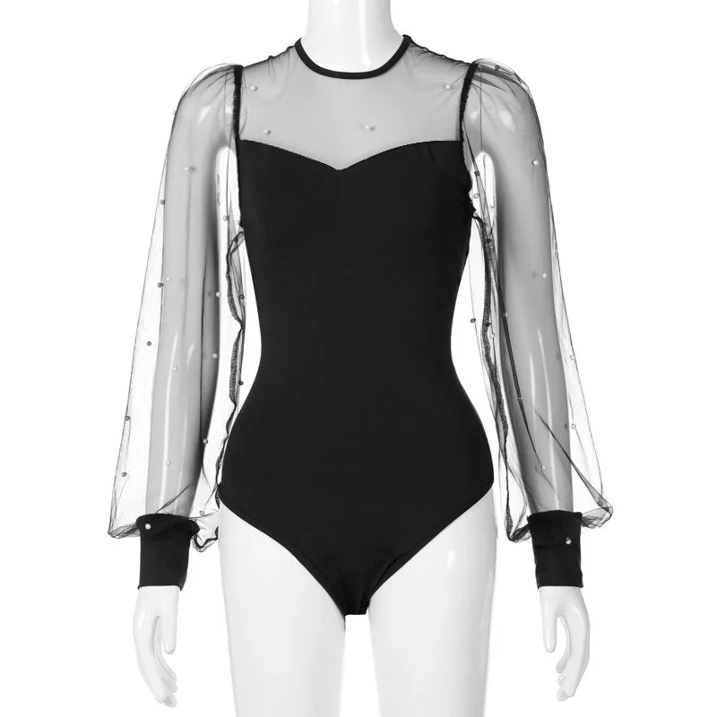 2023 New Women&#39;s Slim Puff Sleeves Mesh Stitching Long-sleeved Bottoming Shirt Tops Tights See-through Pearl Black Sexy Tights