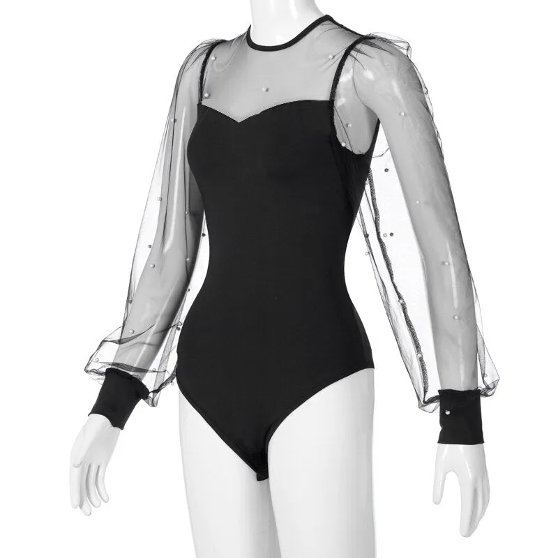 2023 New Women&#39;s Slim Puff Sleeves Mesh Stitching Long-sleeved Bottoming Shirt Tops Tights See-through Pearl Black Sexy Tights