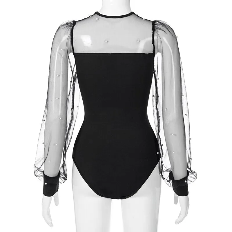 2023 New Women&#39;s Slim Puff Sleeves Mesh Stitching Long-sleeved Bottoming Shirt Tops Tights See-through Pearl Black Sexy Tights