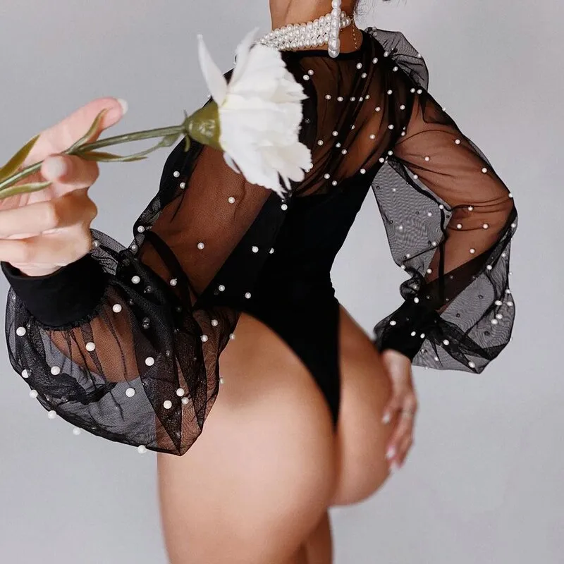 2023 New Women&#39;s Slim Puff Sleeves Mesh Stitching Long-sleeved Bottoming Shirt Tops Tights See-through Pearl Black Sexy Tights