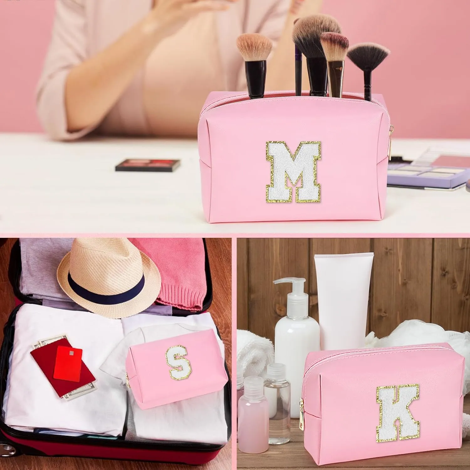 26 Letter Initial Makeup Bag Personalized Makeup Bag Makeup Bag Small Cute Makeup Bag Pink Makeup Bag Travel Make Up Bag Cosmetic Bags Monogram Makeup Bag Travel Toiletry Bag (Pink, A)