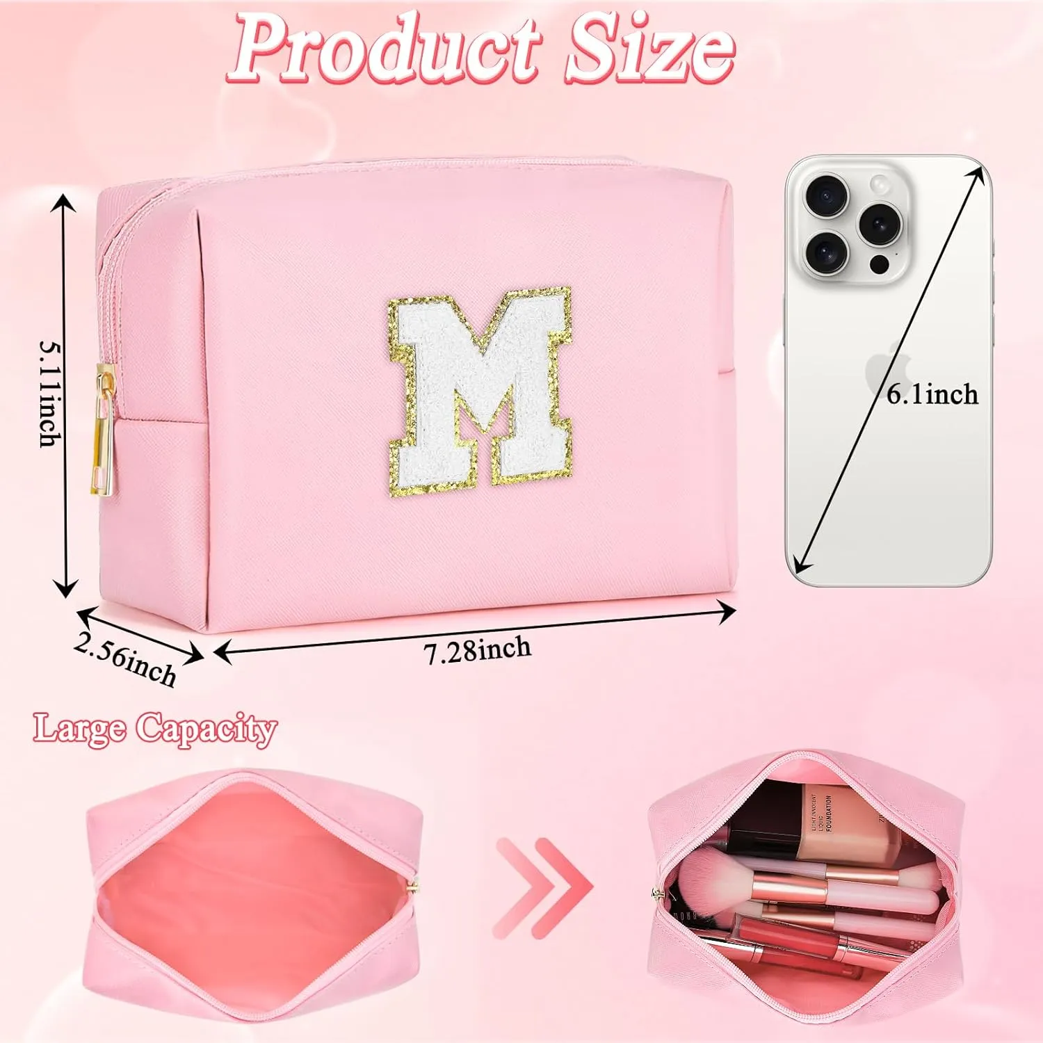 26 Letter Initial Makeup Bag Personalized Makeup Bag Makeup Bag Small Cute Makeup Bag Pink Makeup Bag Travel Make Up Bag Cosmetic Bags Monogram Makeup Bag Travel Toiletry Bag (Pink, A)