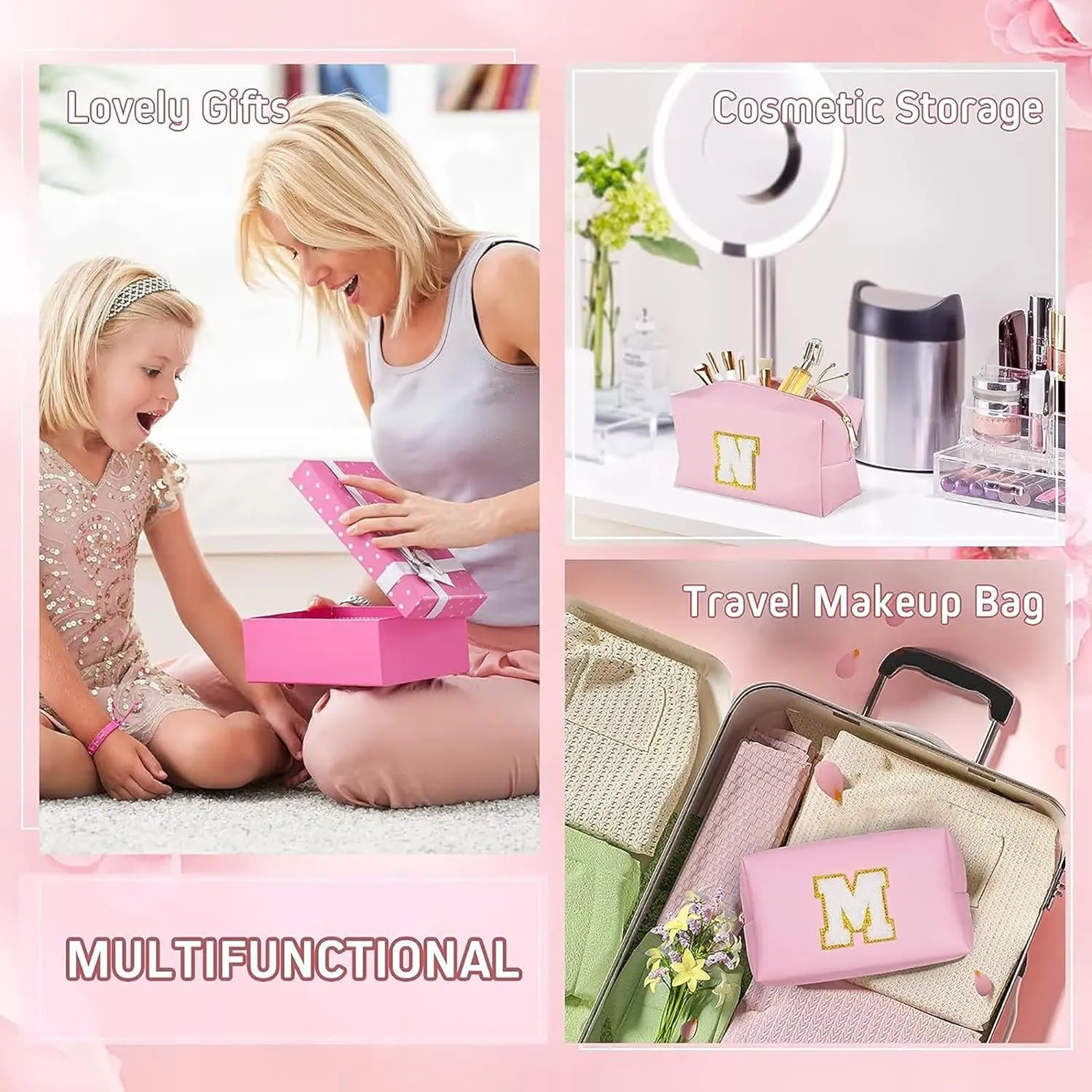 26 Letter Initial Makeup Bag Personalized Makeup Bag Makeup Bag Small Cute Makeup Bag Pink Makeup Bag Travel Make Up Bag Cosmetic Bags Monogram Makeup Bag Travel Toiletry Bag (Pink, A)