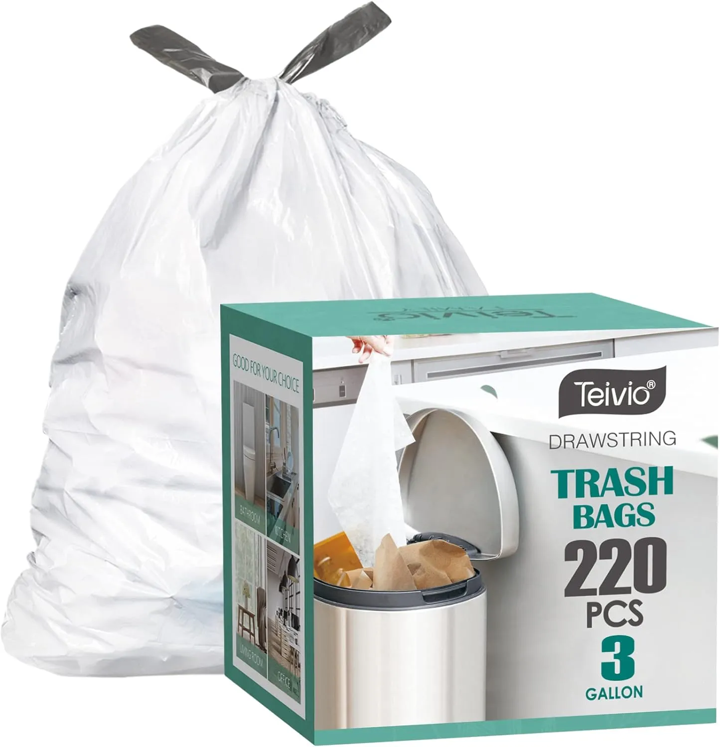 3 Gallon 220pcs Strong Drawstring Trash Bags Garbage Bags by Teivio, Bathroom Trash Can Bin Liners, Small Plastic Bags for home office kitchen, White
