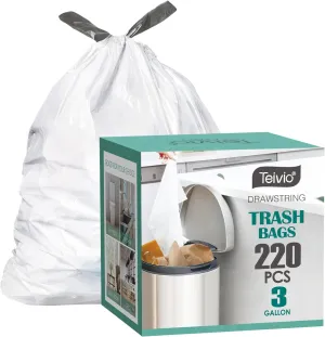 3 Gallon 220pcs Strong Drawstring Trash Bags Garbage Bags by Teivio, Bathroom Trash Can Bin Liners, Small Plastic Bags for home office kitchen, White