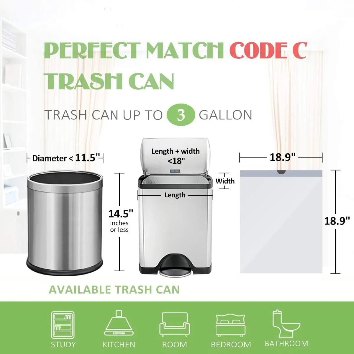 3 Gallon 220pcs Strong Drawstring Trash Bags Garbage Bags by Teivio, Bathroom Trash Can Bin Liners, Small Plastic Bags for home office kitchen, White