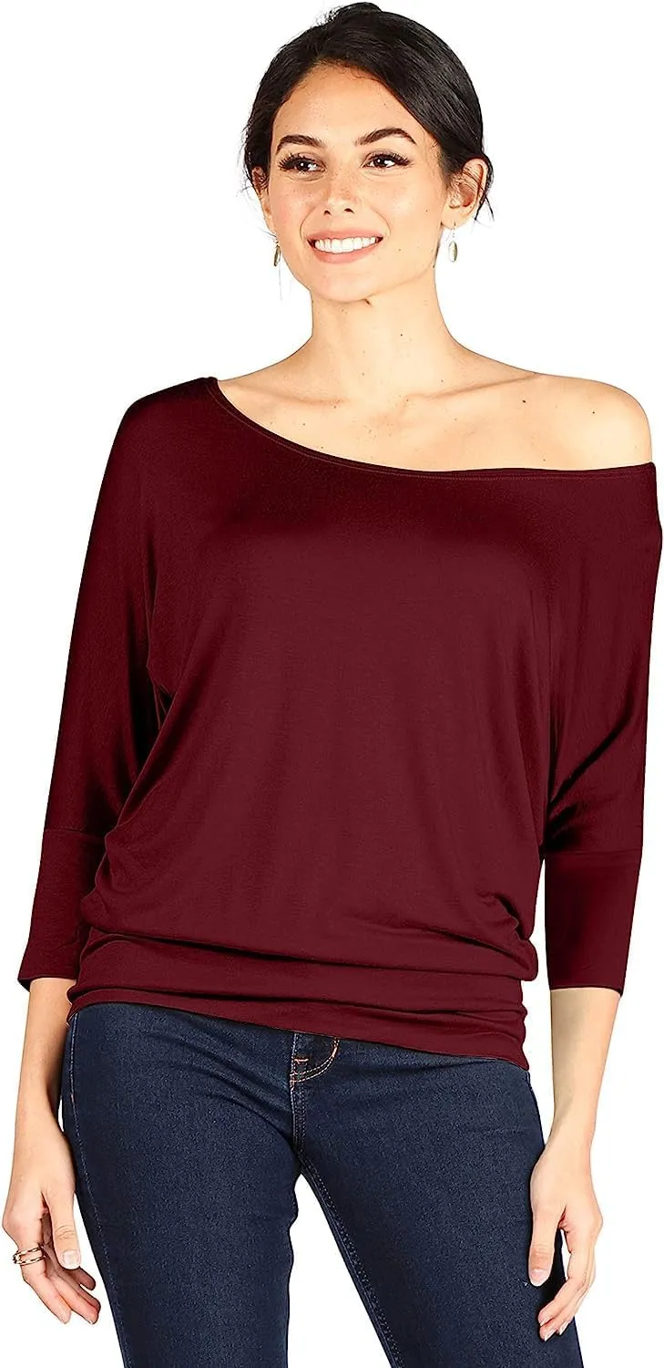 3 Pack Dolman Tops for Women Off The Shoulder Tops Banded Waistband Shirts 3/4 Sleeves Regular and Plus Size Tops Value Pack