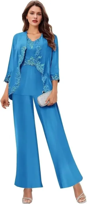 3 Pcs Mother of The Bride Pantsuits for Wedding Chiffon Formal Pant Suits Lace Evening Jumpsuits with Jackets