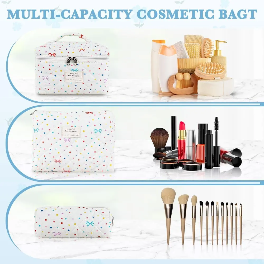 3Pcs Cotton Quilted Makeup Bag Set,Large Floral Cosmetic BagAesthetic Toiletry Travel Makeup Bag Set and Cute Flower Bag for Women Girls (Apricot Colored Dot)