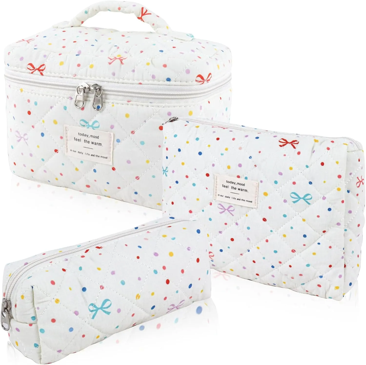 3Pcs Cotton Quilted Makeup Bag Set,Large Floral Cosmetic BagAesthetic Toiletry Travel Makeup Bag Set and Cute Flower Bag for Women Girls (Apricot Colored Dot)