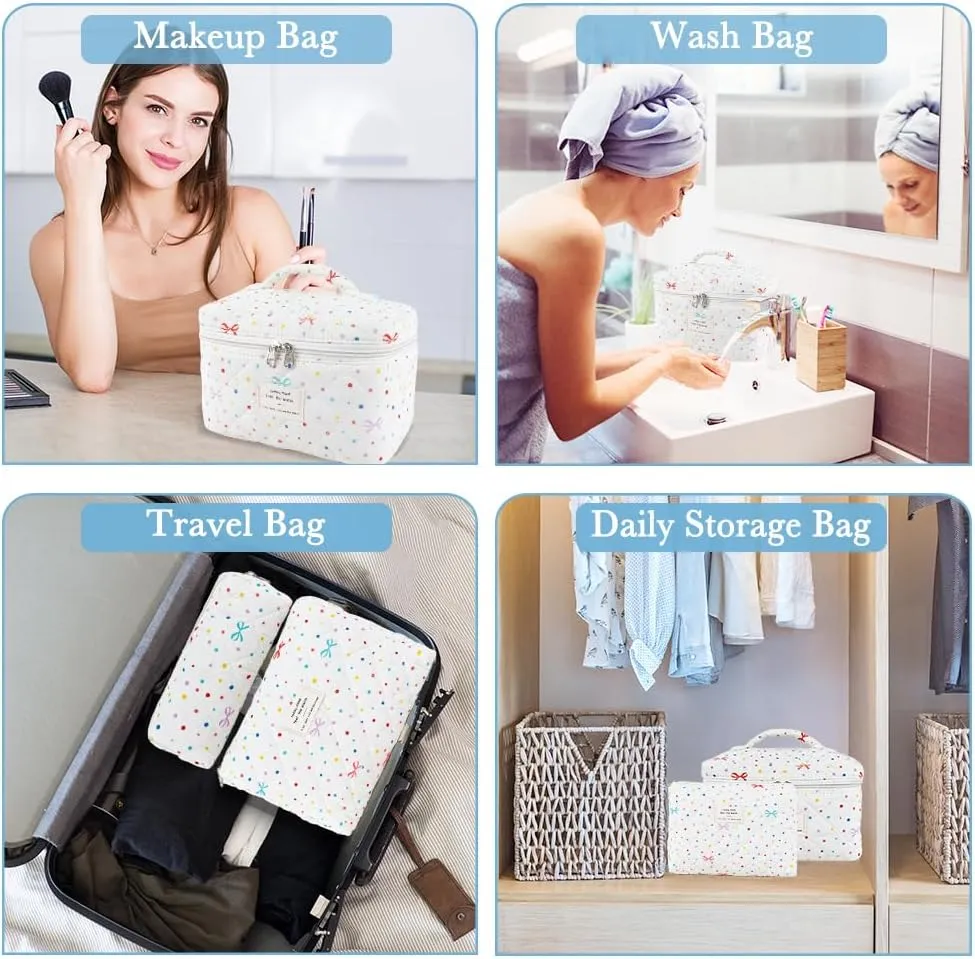 3Pcs Cotton Quilted Makeup Bag Set,Large Floral Cosmetic BagAesthetic Toiletry Travel Makeup Bag Set and Cute Flower Bag for Women Girls (Apricot Colored Dot)