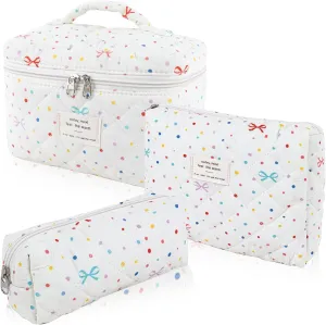 3Pcs Cotton Quilted Makeup Bag Set,Large Floral Cosmetic BagAesthetic Toiletry Travel Makeup Bag Set and Cute Flower Bag for Women Girls (Apricot Colored Dot)