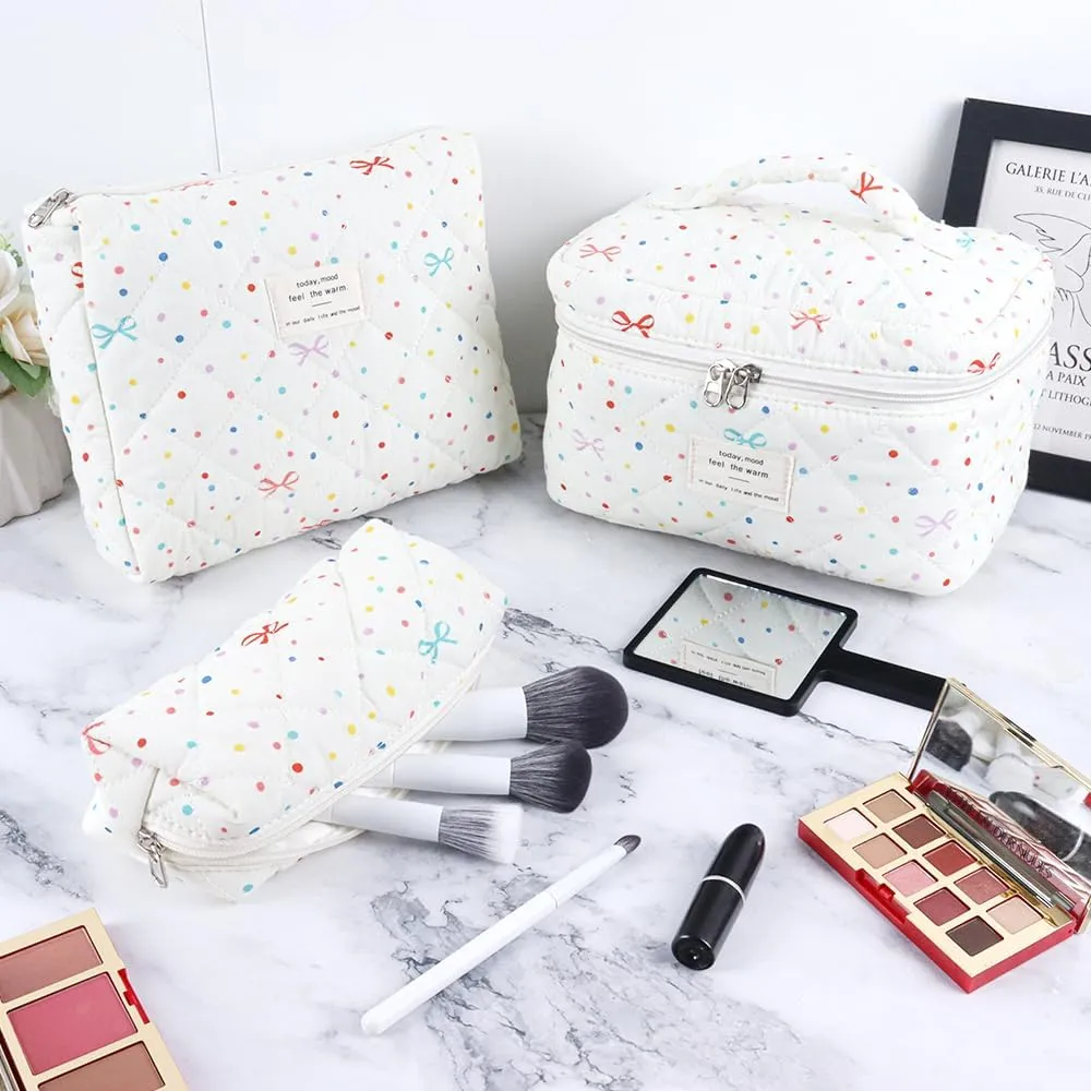 3Pcs Cotton Quilted Makeup Bag Set,Large Floral Cosmetic BagAesthetic Toiletry Travel Makeup Bag Set and Cute Flower Bag for Women Girls (Apricot Colored Dot)