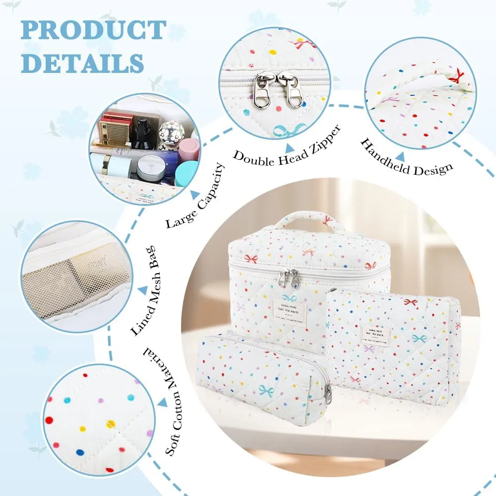 3Pcs Cotton Quilted Makeup Bag Set,Large Floral Cosmetic BagAesthetic Toiletry Travel Makeup Bag Set and Cute Flower Bag for Women Girls (Apricot Colored Dot)