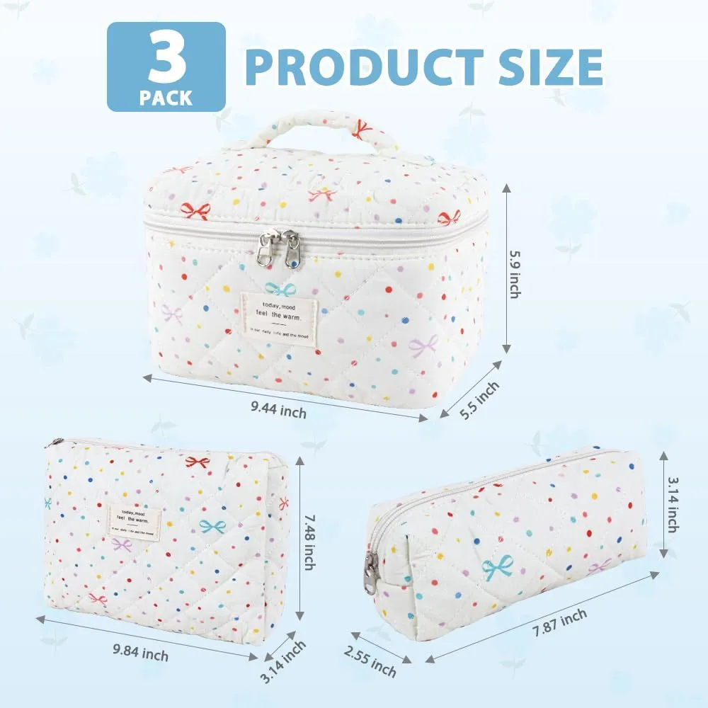 3Pcs Cotton Quilted Makeup Bag Set,Large Floral Cosmetic BagAesthetic Toiletry Travel Makeup Bag Set and Cute Flower Bag for Women Girls (Apricot Colored Dot)