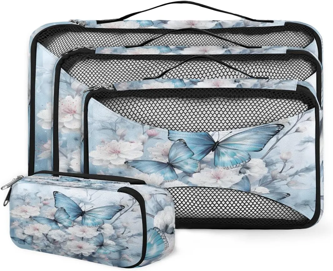 4 Set Packing Cubes for Suitcases, Travel Essentials for Carry on Luggage, Abstract Butterfly Suitcase Organizers for Clothes Shoes Toiletries Travel Accessories in 4 Sizes - Flowers Butterfly