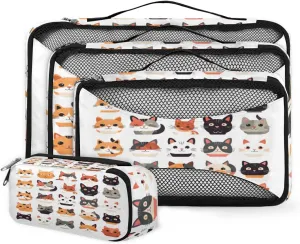 4 Set Packing Cubes for Suitcases, Travel Essentials for Carry on Luggage, Abstract Cat Suitcase Organizers for Clothes Shoes Toiletries Travel Accessories in 4 Sizes - Cartoon Cat