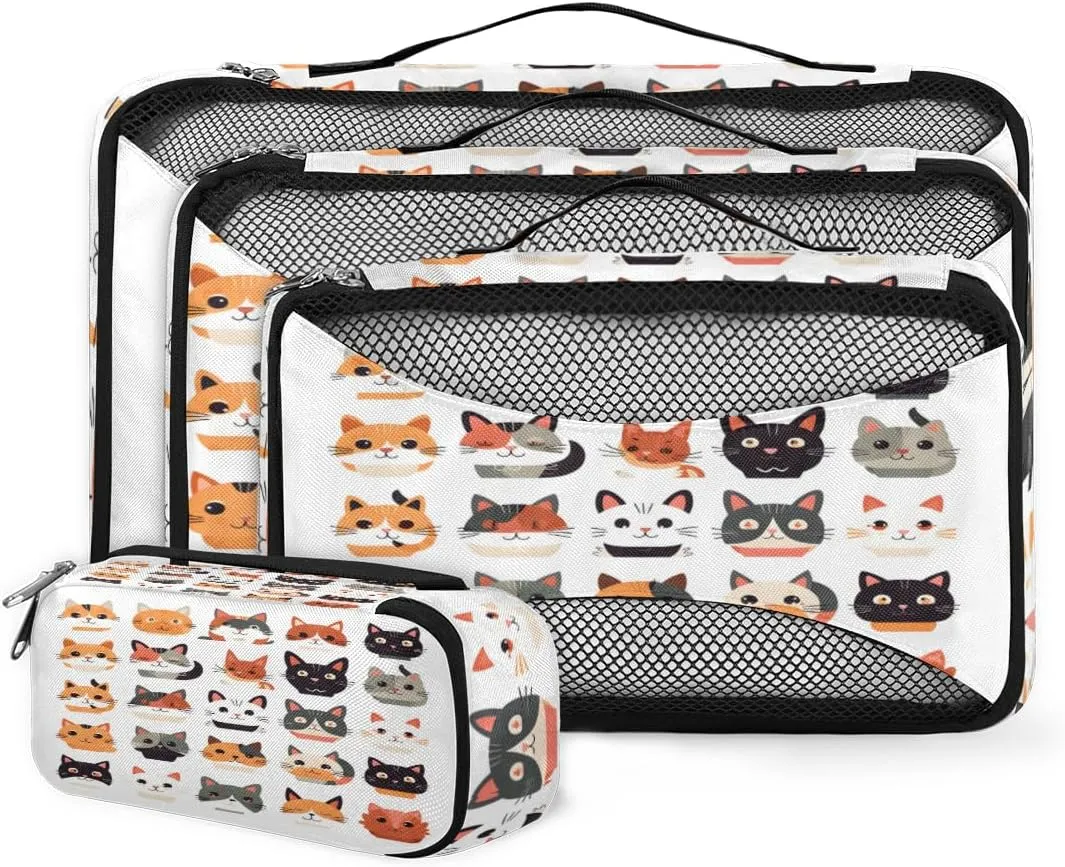 4 Set Packing Cubes for Suitcases, Travel Essentials for Carry on Luggage, Abstract Cat Suitcase Organizers for Clothes Shoes Toiletries Travel Accessories in 4 Sizes - Cartoon Cat