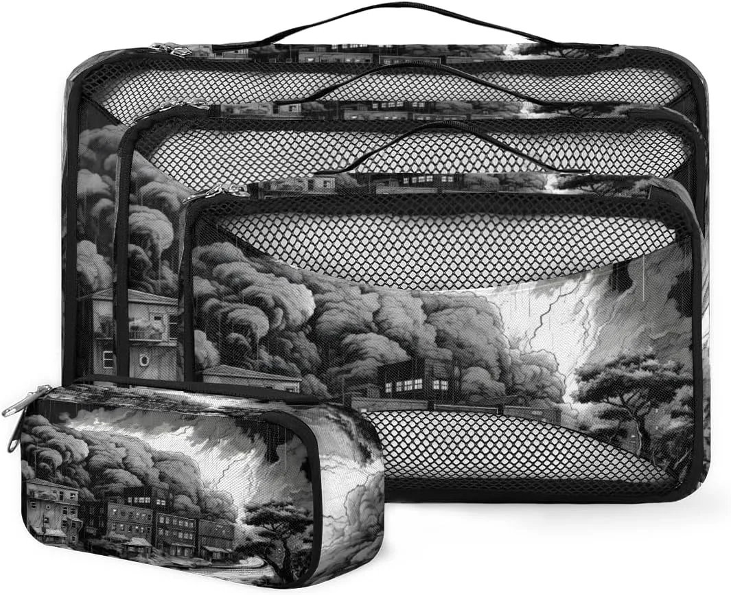 4 Set Packing Cubes for Suitcases, Travel Essentials for Carry on Luggage, Abstract City Suitcase Organizers for Clothes Shoes Toiletries Travel Accessories in 4 Sizes - Modern City