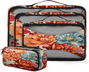4 Set Packing Cubes for Suitcases, Travel Essentials for Carry on Luggage, Abstract Flower Suitcase Organizers for Clothes Shoes Toiletries Travel Accessories in 4 Sizes - Dreamy Flower