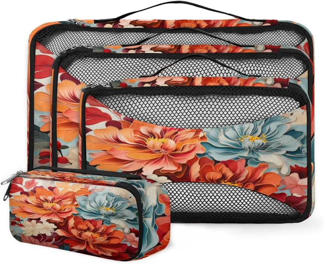 4 Set Packing Cubes for Suitcases, Travel Essentials for Carry on Luggage, Abstract Flower Suitcase Organizers for Clothes Shoes Toiletries Travel Accessories in 4 Sizes - Dreamy Flower