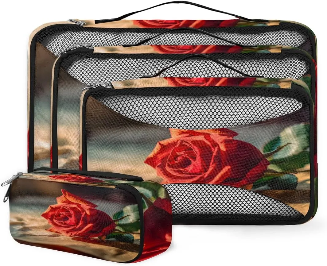 4 Set Packing Cubes for Suitcases, Travel Essentials for Carry on Luggage, Abstract Flower Suitcase Organizers for Clothes Shoes Toiletries Travel Accessories in 4 Sizes - Rose Flower