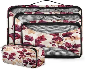 4 Set Packing Cubes for Suitcases, Travel Essentials for Carry on Luggage, Abstract Leaves Suitcase Organizers for Clothes Shoes Toiletries Travel Accessories in 4 Sizes - Watercolor Maple Leaves
