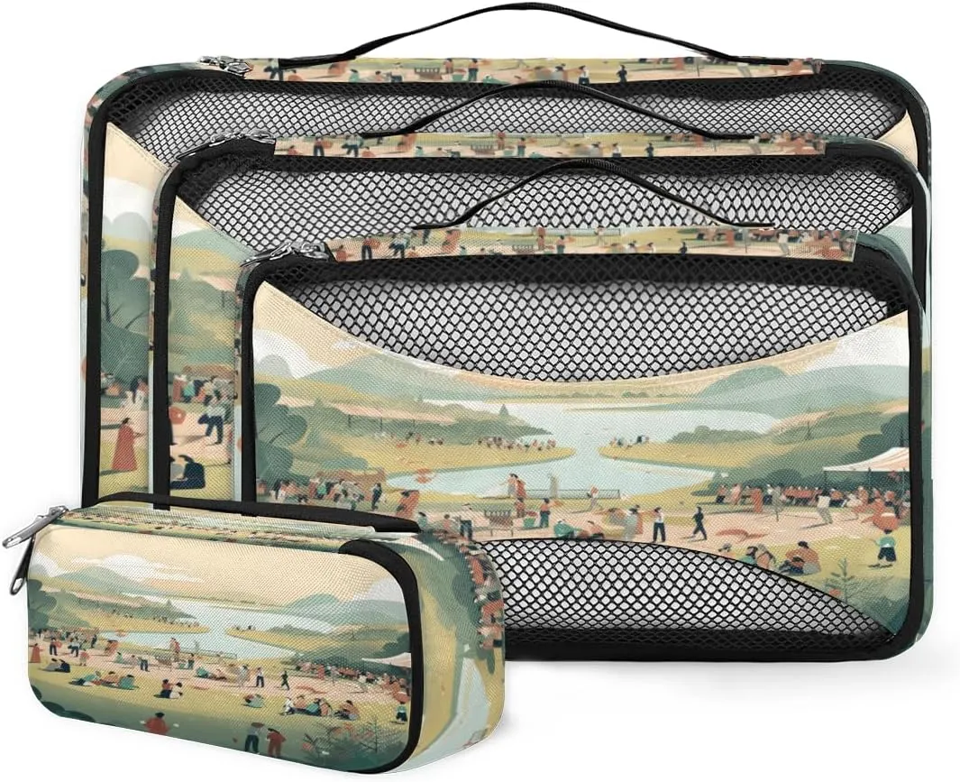 4 Set Packing Cubes for Suitcases, Travel Essentials for Carry on Luggage, Artistic City Suitcase Organizers for Clothes Shoes Toiletries Travel Accessories in 4 Sizes - Modern City