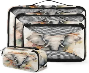 4 Set Packing Cubes for Suitcases, Travel Essentials for Carry on Luggage, Artistic Elephant Suitcase Organizers for Clothes Shoes Toiletries Travel Accessories in 4 Sizes - Cartoon Elephant
