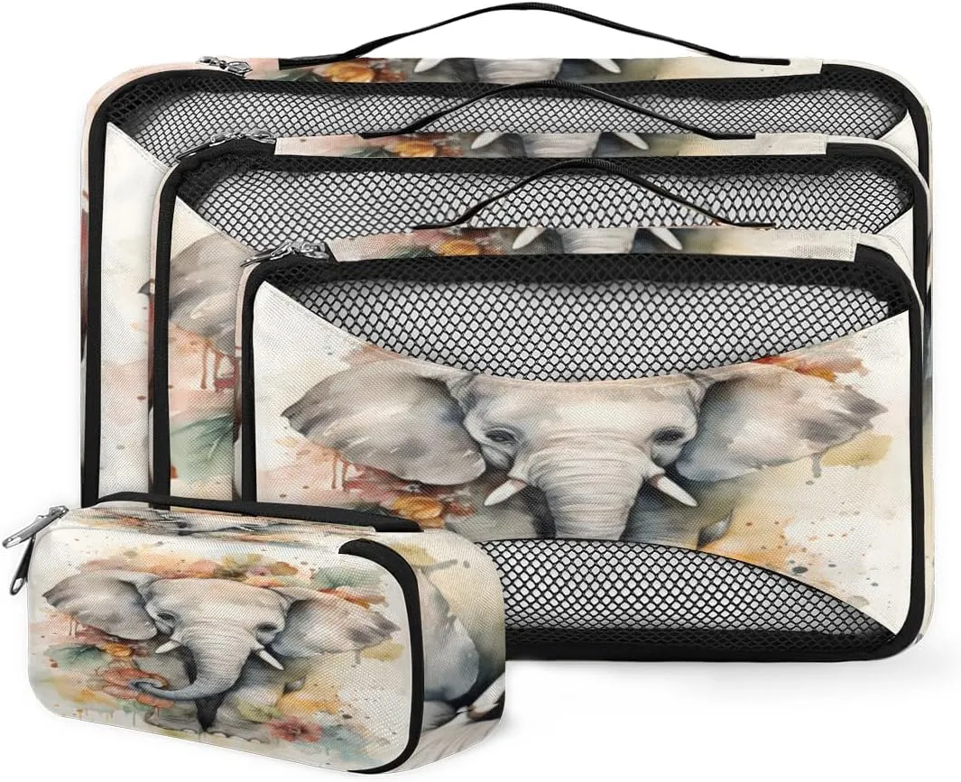 4 Set Packing Cubes for Suitcases, Travel Essentials for Carry on Luggage, Artistic Elephant Suitcase Organizers for Clothes Shoes Toiletries Travel Accessories in 4 Sizes - Cartoon Elephant