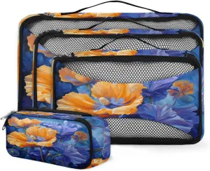 4 Set Packing Cubes for Suitcases, Travel Essentials for Carry on Luggage, Artistic Flower Suitcase Organizers for Clothes Shoes Toiletries Travel Accessories in 4 Sizes - Beautiful Flower