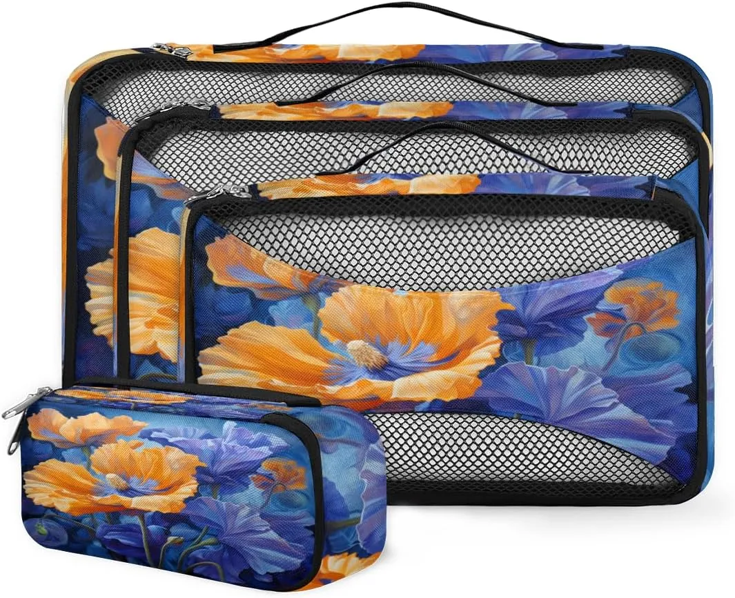4 Set Packing Cubes for Suitcases, Travel Essentials for Carry on Luggage, Artistic Flower Suitcase Organizers for Clothes Shoes Toiletries Travel Accessories in 4 Sizes - Beautiful Flower