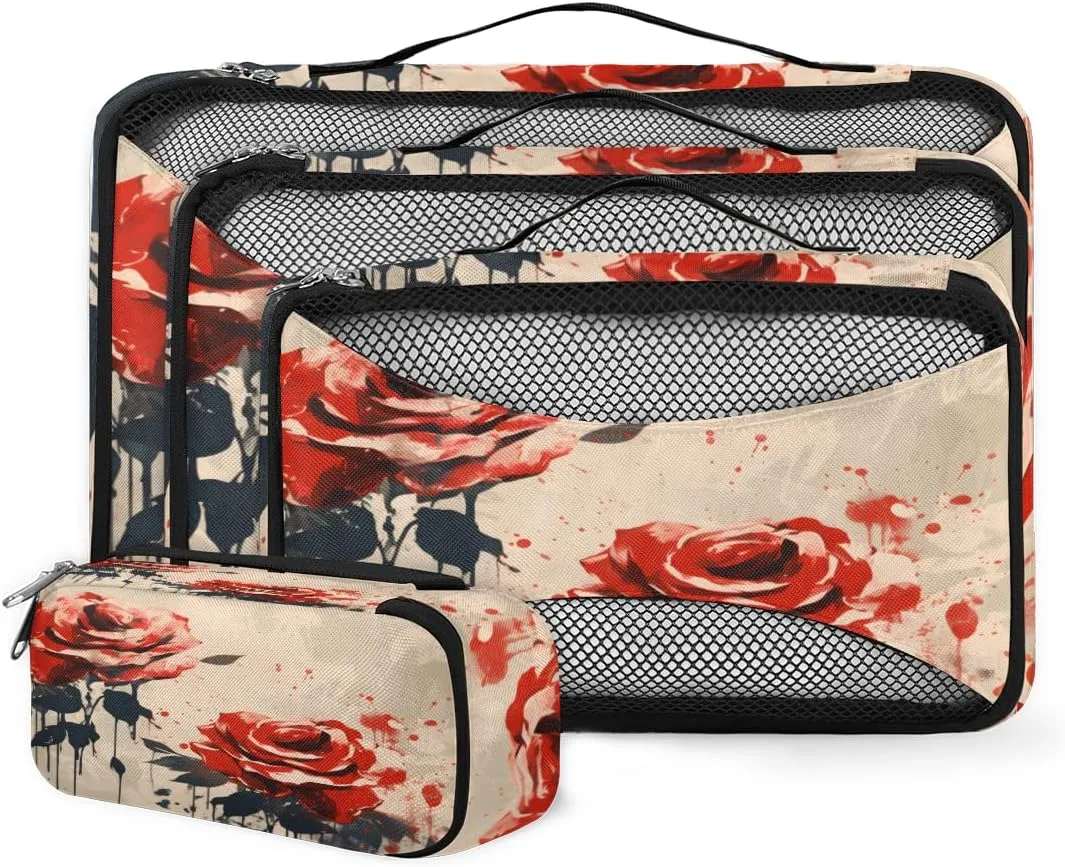 4 Set Packing Cubes for Suitcases, Travel Essentials for Carry on Luggage, Artistic Flower Suitcase Organizers for Clothes Shoes Toiletries Travel Accessories in 4 Sizes - Romantic Flower