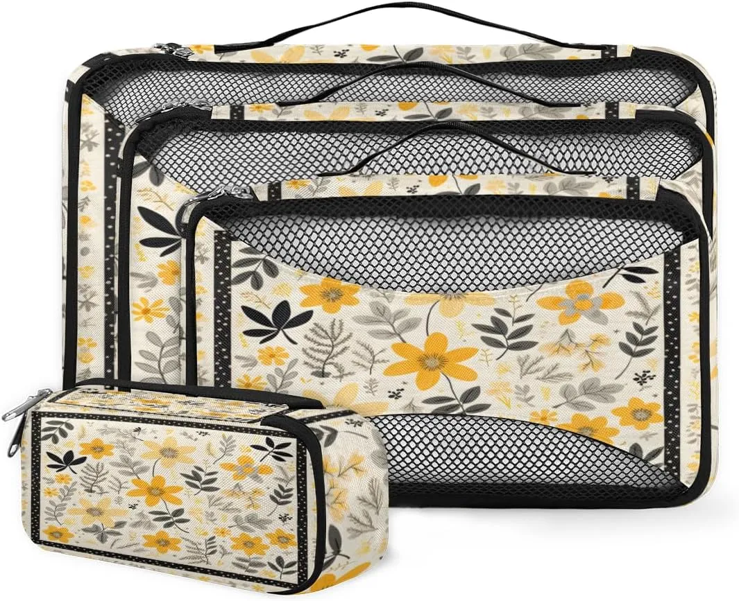 4 Set Packing Cubes for Suitcases, Travel Essentials for Carry on Luggage, Artistic Flowers Suitcase Organizers for Clothes Shoes Toiletries Travel Accessories in 4 Sizes - Beautiful Flowers