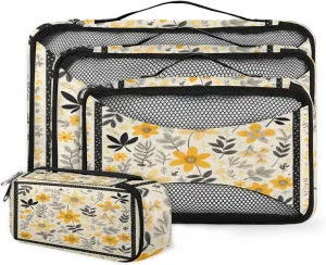 4 Set Packing Cubes for Suitcases, Travel Essentials for Carry on Luggage, Artistic Flowers Suitcase Organizers for Clothes Shoes Toiletries Travel Accessories in 4 Sizes - Beautiful Flowers