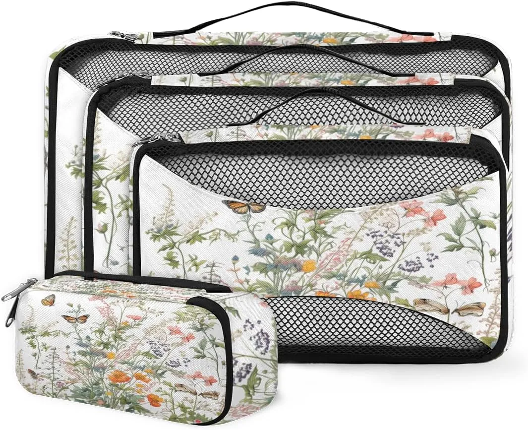 4 Set Packing Cubes for Suitcases, Travel Essentials for Carry on Luggage, Artistic Flowers Suitcase Organizers for Clothes Shoes Toiletries Travel Accessories in 4 Sizes - Mystical Flowers