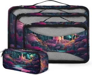 4 Set Packing Cubes for Suitcases, Travel Essentials for Carry on Luggage, Artistic Forest Suitcase Organizers for Clothes Shoes Toiletries Travel Accessories in 4 Sizes - Abstract Forest