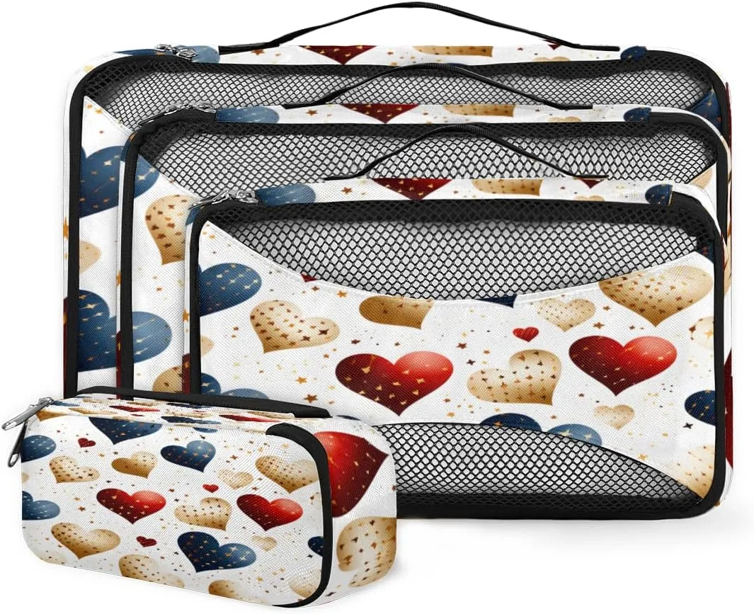 4 Set Packing Cubes for Suitcases, Travel Essentials for Carry on Luggage, Artistic Heart Suitcase Organizers for Clothes Shoes Toiletries Travel Accessories in 4 Sizes - Abstract Heart