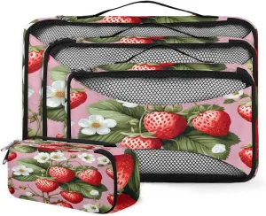 4 Set Packing Cubes for Suitcases, Travel Essentials for Carry on Luggage, Artistic Strawberry Suitcase Organizers for Clothes Shoes Toiletries Travel Accessories in 4 Sizes - Fruit Strawberry