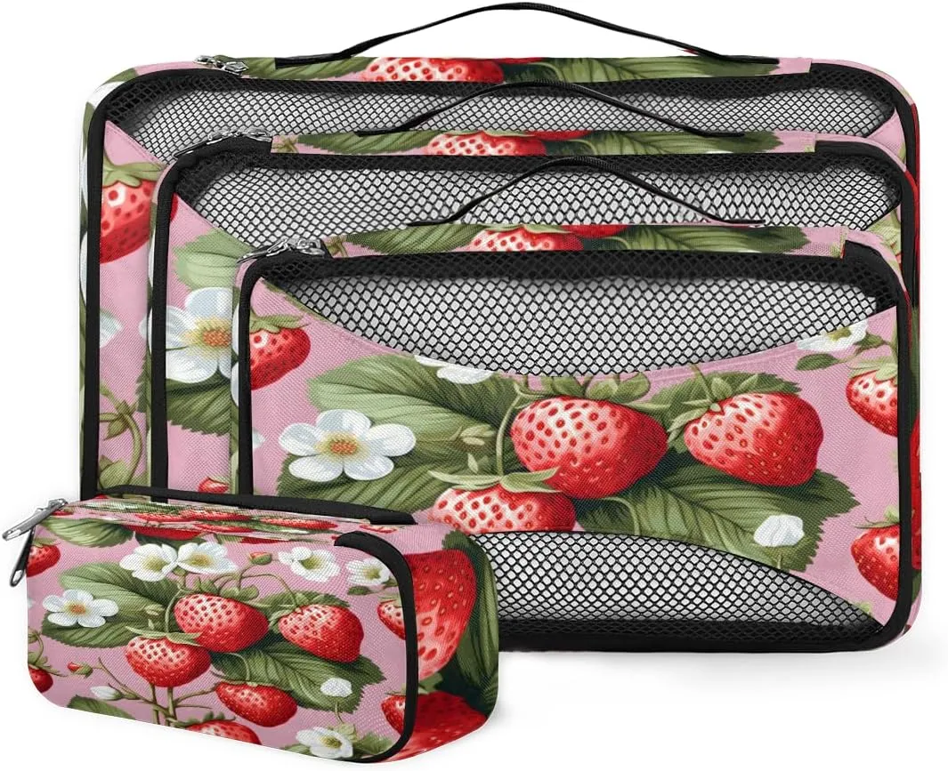 4 Set Packing Cubes for Suitcases, Travel Essentials for Carry on Luggage, Artistic Strawberry Suitcase Organizers for Clothes Shoes Toiletries Travel Accessories in 4 Sizes - Fruit Strawberry