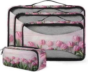 4 Set Packing Cubes for Suitcases, Travel Essentials for Carry on Luggage, Artistic Tulips Suitcase Organizers for Clothes Shoes Toiletries Travel Accessories in 4 Sizes - Flowers Tulips